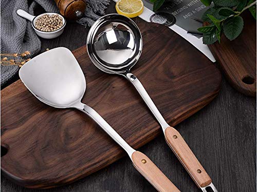 SHIDHMI Spatula & Ladle Tool Set, 304 Stainless Steel with Heat Resistant Wooden Handle Wok Utensils for Daily Use, 14 inch (Set of 2PCS)