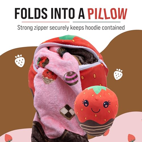 Image of Wearable Blanket Hoodie - Chocolate Strawberry 2-in-1 Oversized Hooded Wearable Blanket for Adults & Teens - Plush Transforming Blanket Pillow with Giant Pocket - Cozy Hoodie For Gifting