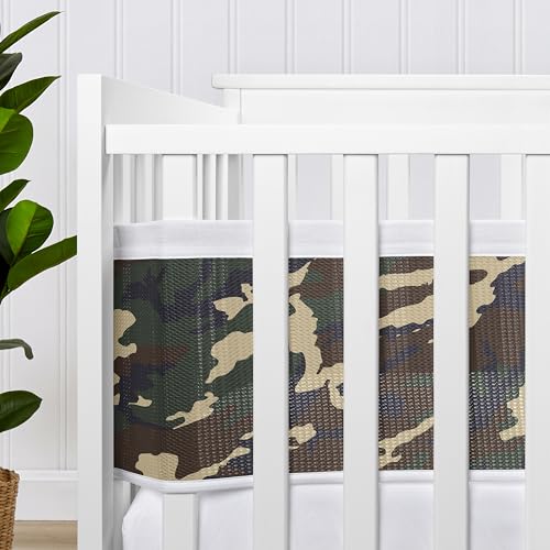 Image of Sweet Jojo Designs + BreathableBaby 2-Piece Breathable Mesh Crib Liner Set (Woodland Camo) for Boys, Baby, Infants /Newborn Nursery (Rustic, Forest, Army Military, Camouflage Print, Beige, Green /Black)