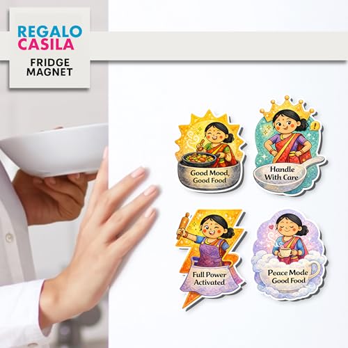 Image of Regalo Casila Kitchen Fridge Magnets Set of 4 Good Mood Good Food Full Power Activated Peace Mode Good Food Handle with Care Wooden Laser Cut Refrigerator Magnet Decor