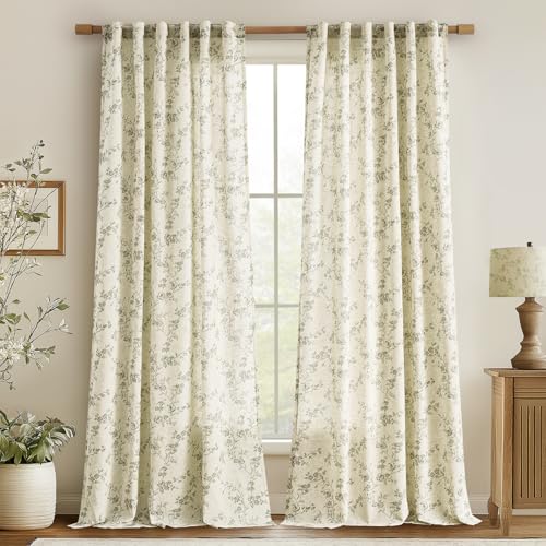 Image of jinchan Linen Floral Curtains for Living Room 96 Inch Length Sage Green Printed Curtains Back Tab French Country Farmhouse Flower Patterned Drapes Bedroom Window Curtain Set 2 Panels