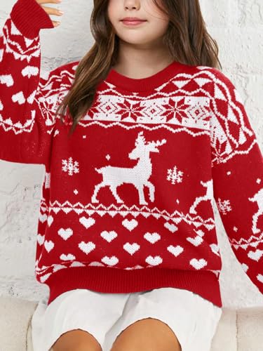 Image of Girls Christmas Pullover Sweaters Reindeer Elk Snow Long Sleeve Crew Neck Chunky Tops