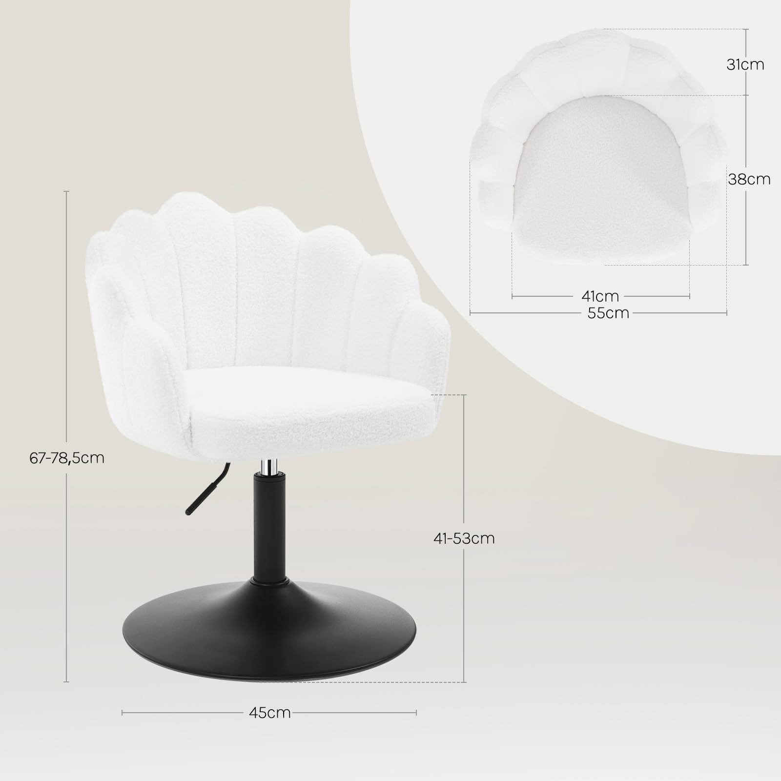 WOLTU Sedia da Trucco, Poltrona Girevole in Tessuto Bouclé, Sgabello da Trucco Regolabile in Altezza per Camera da Letto, Soggiorno, Bianco