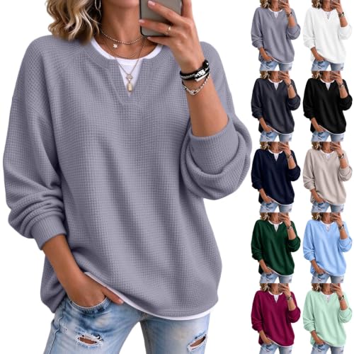 Womens Waffle Tops Faux Layered V Neck Plus Size Long Sleeve Tops for Women - image 1
