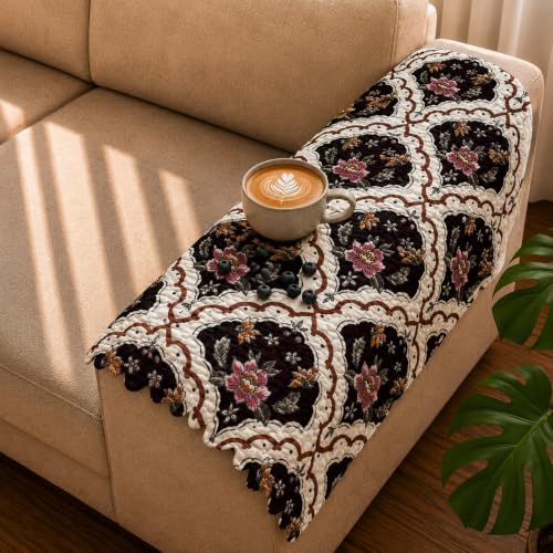 Image of Homerz Premium Printed Quilted Velvet Sofa Slip Cover Protector with Tassels, Sofa Mat, Exact Size, Antislip Cover (Botanica, 2 pc Armrest, Armrest)