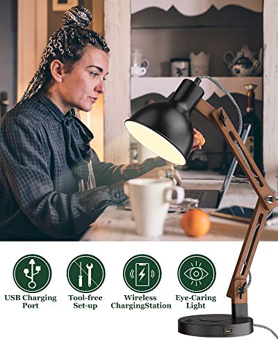 ELYONA Swing Arm Desk Lamp, Wood Table Lamp with Wireless Charging & 2 USB Ports, Adjustable Office Lamp, Black Modern Reading Lights for College Dorm, Study, Living Room, Bedroom