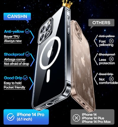 Image of CANSHN Magnetic Compatible with iPhone 14 Pro Case, Upgraded [Full Camera Protection] [Compatible with Magsafe] Non-Yellowing Shockproof Protective Bumper Phone Case 6.1 inch - Clear