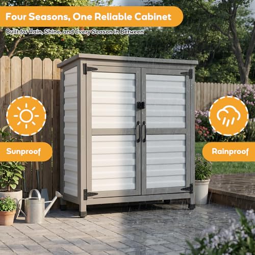 Image of PetsCosset Weatherproof Outdoor Storage Cabinet with Lockable Doors, Wooden & Plastic Garden Patio Storage Box with Adjustable Shelves for Tools, Toys, Pool Accessories, Lawn Equipment