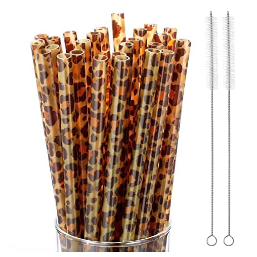 Zopeal 27 Pcs Reusable Leopard Straws Bulk Plastic Cheetah Animal Straws and Cleaning Brush for Women Tumblers Drinking Safari Wild Birthday Party Favors(Brown)