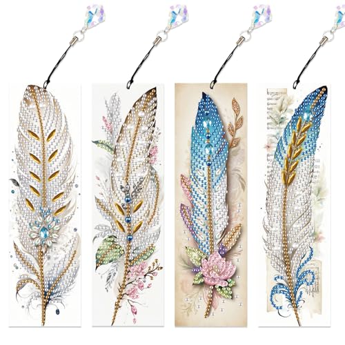 Image of 4-Piece 5D Diamond Painting Bookmarks Set, DIY Craft Kit with Rhinestones - Elegant Vintage Style Feather Design, Perfect for Book Lovers Adults, Unique Diamond Art Craft Bookmarks with Tassels