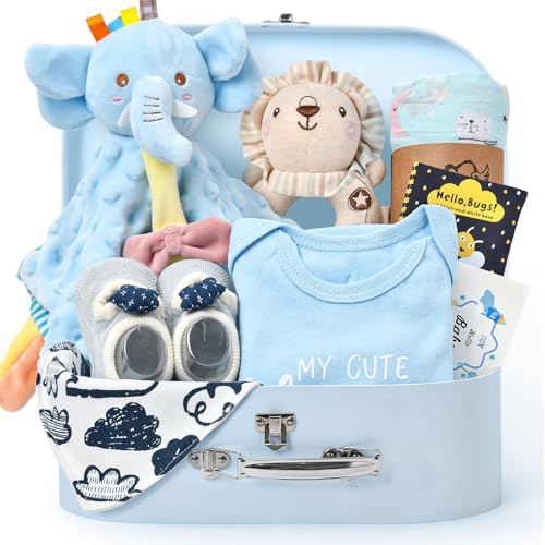 Baby Geschenk Jungen Mädchen Neugeborenen Geschenke zur Geburt mit Schmusetuch/Baby Strampler/Socken/Musselin Decke/Rassel Windeltorte Geschenkbox Baby Shower Party Gender Reveal Geschenk (Blau)