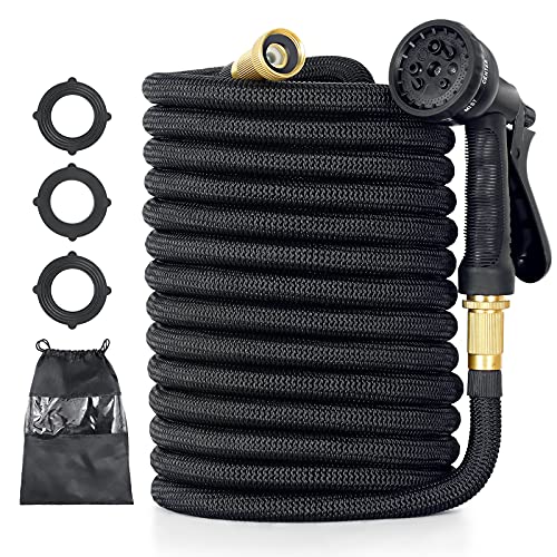 100ft Expandable Garden Hose, cacagou Flexible Water Hose 100 feet, with Triple Latex Core 3/4Inch Solid Brass Fittings & 8 Nozzle, Extra Strength 3750D Fabric Leakproof, 100FT-FBA