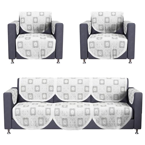 Image of Kuber Industries (Set of 16) Stylish & Durable Cotton Sofa Covers 5 Seater with Arms | Washable Sofa Protector & Slipcover for Living Room & Office | Square Flower - White