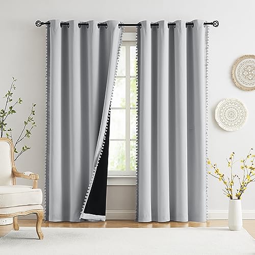 Pom Pom Grey Curtains for Bedroom 54x72 Inch Eyelet Blackout Noise Reducing Window Drapes Energy Efficient Thermal Insulated Living Room Darkening Curtain Panels Children Nursery Room 1 Pair