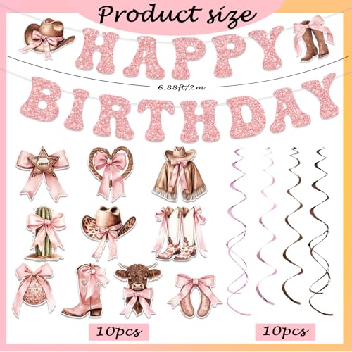 Image of Yunlly Cowgirl Birthday Party Decorations Pink Bow Happy Birthday Banner Western Hanging Coquette Swirls Disco Balloon Rodeo Bachelorette Decor Supplies for Women Baby Shower Birthady Party Favors