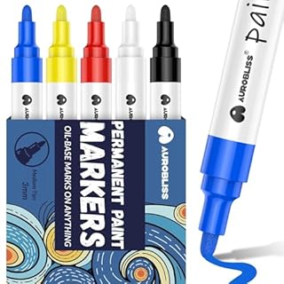 Aurobliss Paint Markers 5 Colors, Oil-Based Waterproof Outdoor Paint Pens for Plastic, Wood, Metal, Stones, Canvas, Glass Painting Permanent