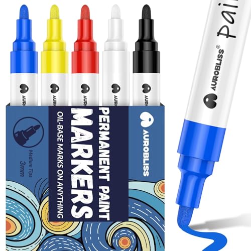 Aurobliss Marcadores de Pintura, 5 Colores Rotulador Permanente Industrial Para Metal, Cristal, Piedras, Madera, Plástico, Neumaticos Rotulador Grueso Indeleble
