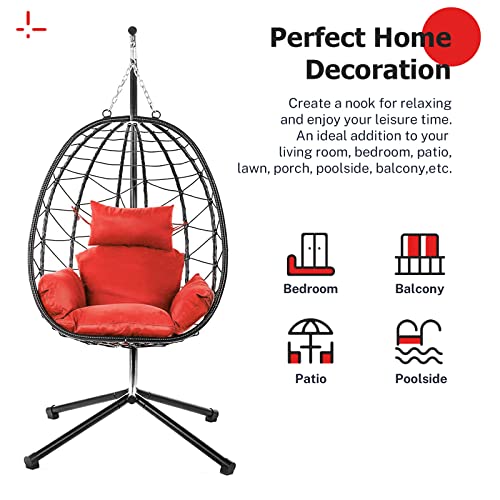 Seizeen Hanging Egg Chair with Stand, Indoor Outdoor PE Wicker Rattan Egg Swing Chair Basket Hammock Chair with UV Resistant Cushions, Aluminum Frame 350lbs Capaticy for Patio Bedroom (Red)