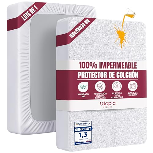 Utopia Bedding Protector Colchón 150 x 200 x 30 cm Impermeable, Certificación Oeko Tex Funda Colchón, Cubre Colchón Transpirable, Elástico En Todo El Contorno