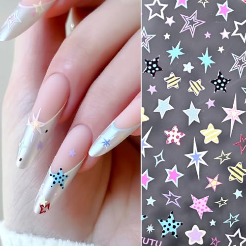 Image of Colorful Star Nail Stickers Decals 4th of July Nail Stickers 3D Self Adhesive with Design Independence Day Nail Decals for Women Manicure Decoration Accessories Supply 1 Sheets
