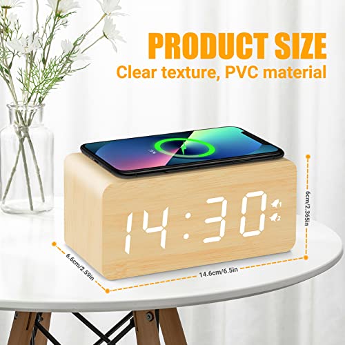 Urayco Wooden Digital Alarm Clock, 10W Fast Wireless Charger Station & Usb Charging Port, With Stepless Dimmer, Dual Alarm, Weekday/Weekend Mode, Wood Led Clock For Bedroom, Desk, Office #TOP7