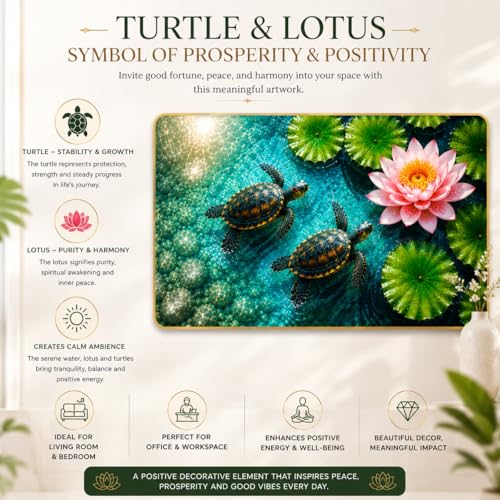 Image of Arkasto Turtle Lotus Wall Painting for Living Room | Nature Wall Art with Lotus Flower & Turtle Design | Premium UV Printed MDF Decor | Waterproof & Anti Fade | Golden Edge Frame | 24 x 18 Inch