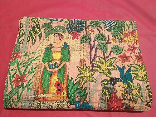 TI AMO Handmade Print Cotton Bedspread Kantha Quilt King Size Bohemian Bedspread Kantha Quilt Single (90 X 108 Inches (Queen Size), Blue)-image-3