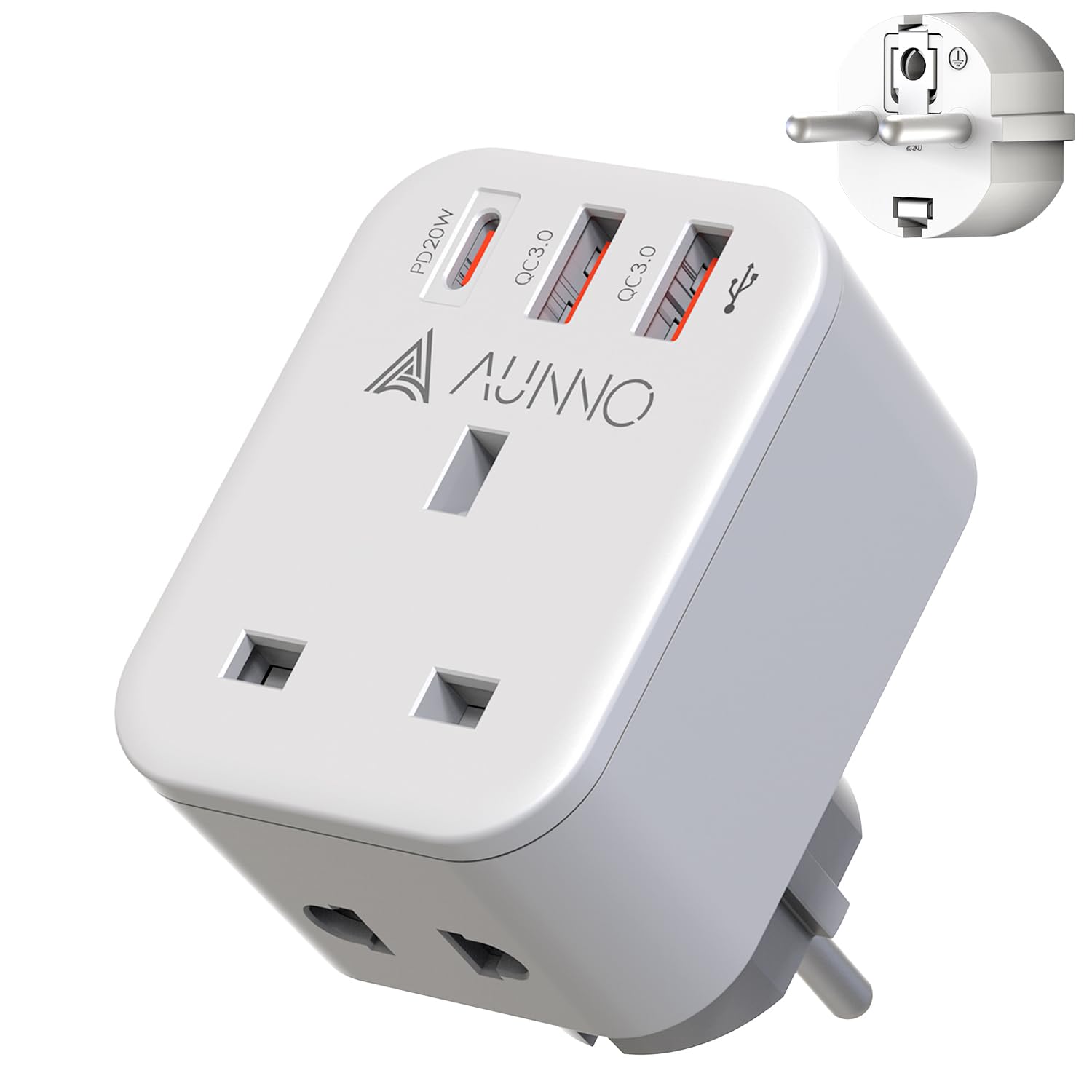 AUNNO UK to European Plug Adapter, PD 20W Fast Charging Grounded European Adapter with Shaver Plug, Adapter with 2 USB Ports and 1 USB-C Port for Germany France Spain Greece Poland etc (Type E/F)-image-41