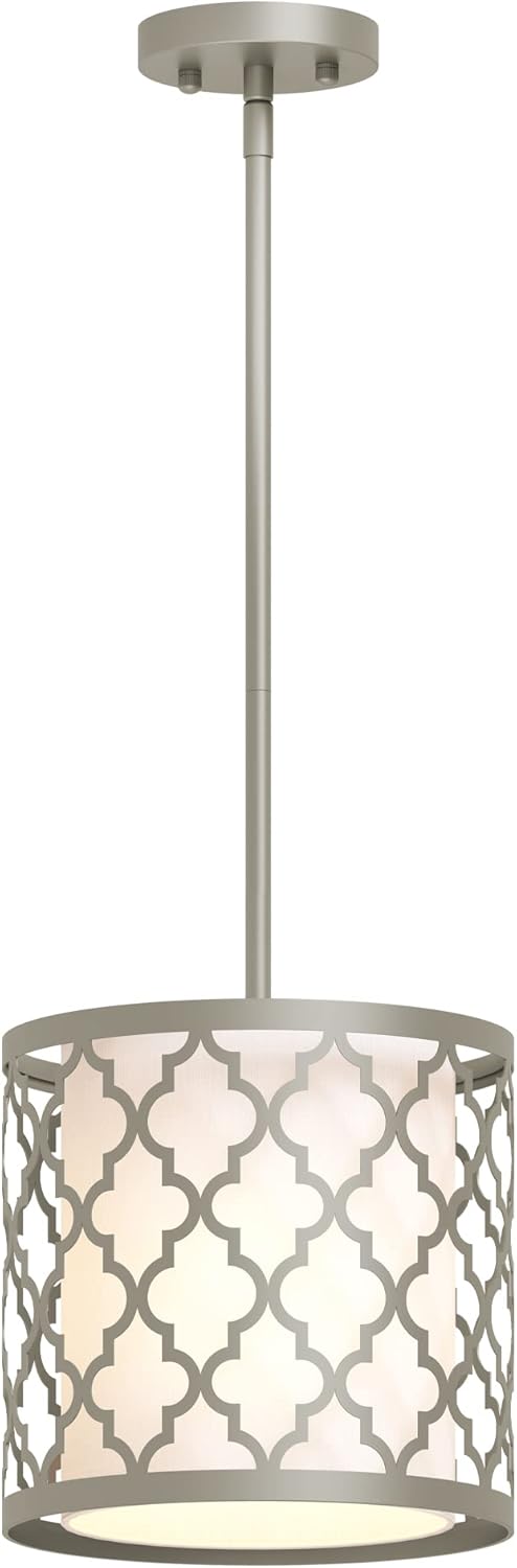 GETINLIGHT 1-Light Modern Kitchen Island Cylinder Pendant with Platinum Metal Frame and White Fabric Shade, 9 7/10" Wide Mini Single Pendant, Bulb Not Included, IN-0332-1-PL Platinum 1 Light