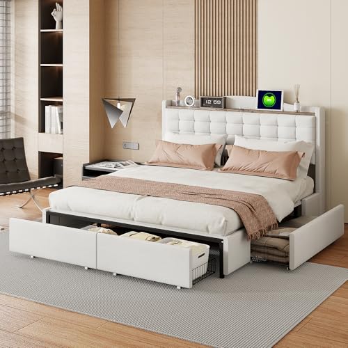 Tcewhhy Cama tapizada de 160 x 200 cm, mesita de noche con puerto de carga USB y estante, cama doble plana con 4 cajones, tela de lino beige