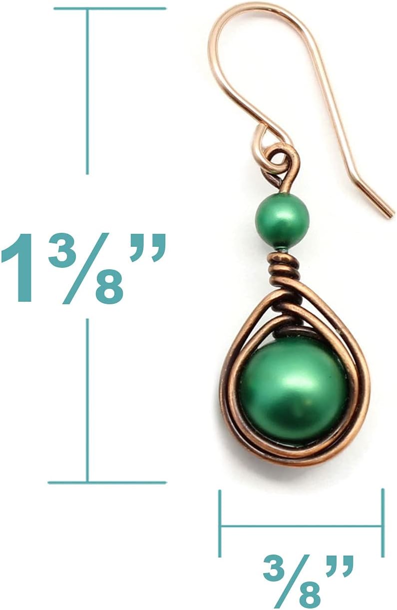 Pillar of Salt Studio Handcrafted Copper Earrings with Simulated Pearl and Rose Gold-filled Ear wires (Antiqued Copper, 1" drop, Eden Green)