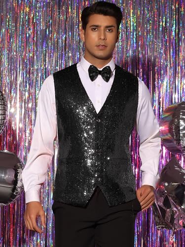 Lars Amadeus Sequins Vest for Men's V-Neck Slim Fit Shiny Disco Party Sleeveless Waistcoat Bowtie2