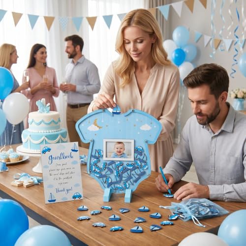Image of Kosiz Blue Baby Shower Guest Book, Acrylic Guest Book Alternative with Wooden Cars and Boats for 60 Guests, Baby Shower Sign and Nursery Keepsake