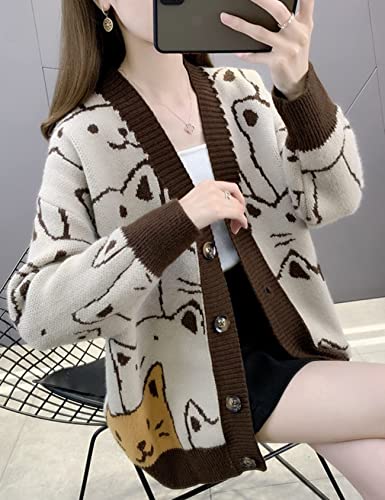 Arssm Cat Cardigan Sweater For Women Kawaii Cartoon Oversized Knit Loose Fit V Neck Printed Cardigan Coat(Brown-Medium) #TOP6