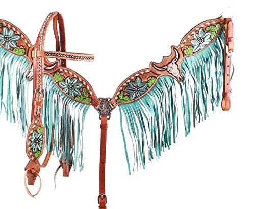 Showman Steer Skull & Cactus Leather Headstall & Breast Collar Set w/Fringe