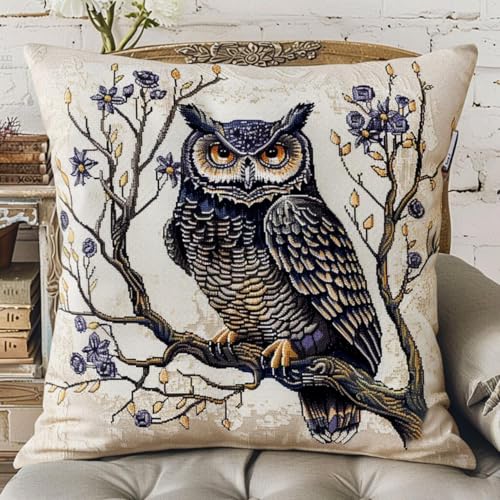 Kit coussin point de croix fleurs et hiboux 50x50cm Henypt 9CT pour adulte