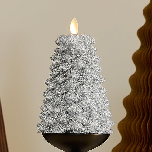 Image of Luminara Brilliant Silver Glitter Flameless LED Candle North Tree Moving Flame Pillar (3.8 inch x 6 inch)