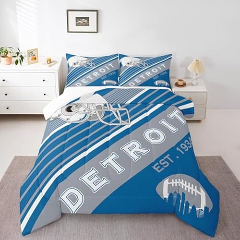 Erosebridal Sports Football Bedding Comforter Sets White and Sky Blue Rugby Helmet Bedding Full, American Football City Themed Comforter Set Retro 3D Ball Game Quilt with 2 Pillowcases(Detroit) Cover