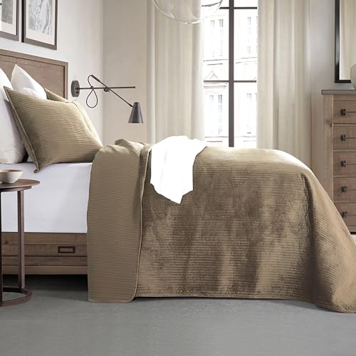 Elegant Comfort Luxury 3-Piece Velvet Corduroy Stripe Quilt Set, Ultra Soft Bedspread - Cozy Velvet Coverlet Set - 3PC Medium Weight Quilted Set with Matching Pillow Shams, Full, Khaki