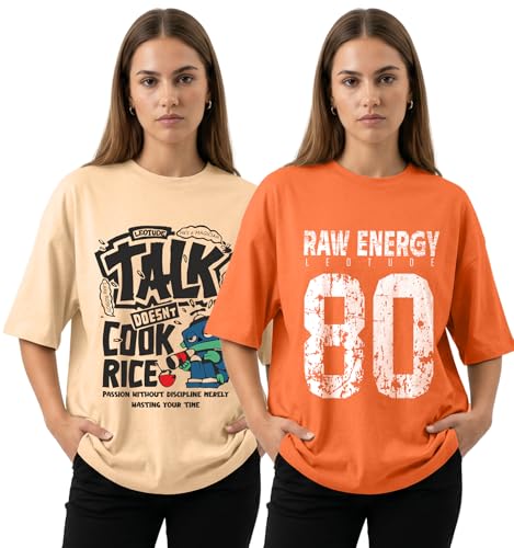 Image of LEOTUDE Women Cottonblend Drop Shoulder Oversized Round Neck Half Sleeve Tshirt, Longline Printed T-Shirt