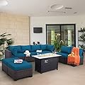 Lviden 9 Pieces Wicker Patio Furniture Set Outdoor PE Rattan Sectional Conversation Sofa Set with Peacock Blue Cushions and 45” Gas fire Pit Table