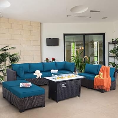 Lviden 9 Pieces Wicker Patio Furniture Set Outdoor PE Rattan Sectional Conversation Sofa Set with Peacock Blue Cushions and 45” Gas fire Pit Table