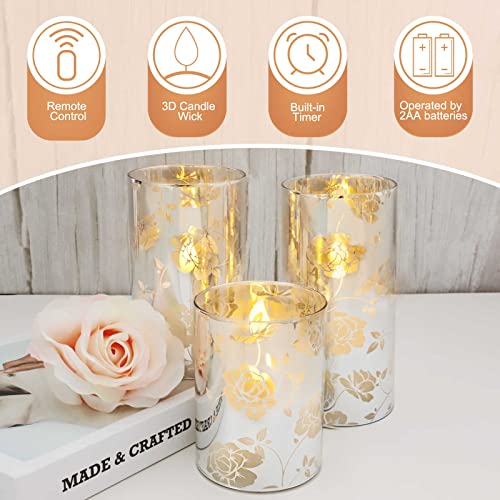 Image of Floral Glass Flameless Candles Rose Romantic Battery Operated with Remote Flickering LED Silver Real Wax Pillar Candle for Valentine's Day Wedding Party Home Christmas Decor, Set of 3