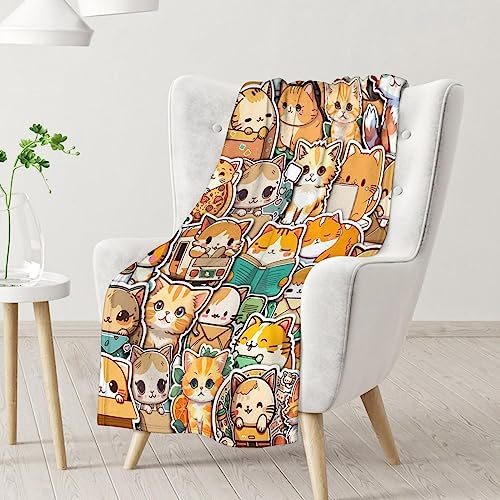 Cat Blanket Gifts - 60"x80" Cute Throw for Kids & Adults - Yellow Soft Fuzzy Blankets for Bed, Couch & Living Room