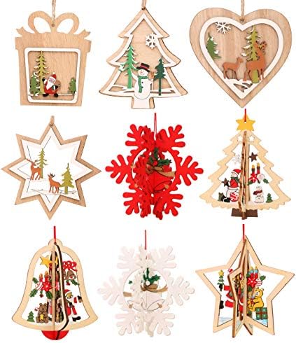 IronBuddy Christmas Tree Hanging Ornaments Decorations Wooden Hanging Tags Pendant Ornaments for Christmas Decorations (Pack of 9)