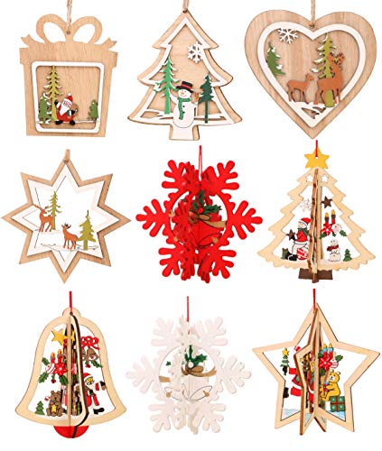 IronBuddy Christmas Tree Hanging Ornaments Decorations Wooden Hanging Tags Pendant Ornaments for Christmas Decorations (Pack of 9)