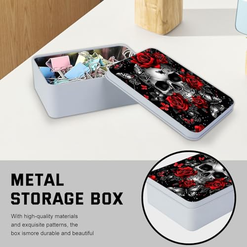 Image of Metal Tin Box with Lid,Multi-functional Storage Box Can Store Tea Biscuits Game Cards, Playing & Tarot Cards-Comes with 4 Magnetic Cord Clips,Skull Roses Butterfly