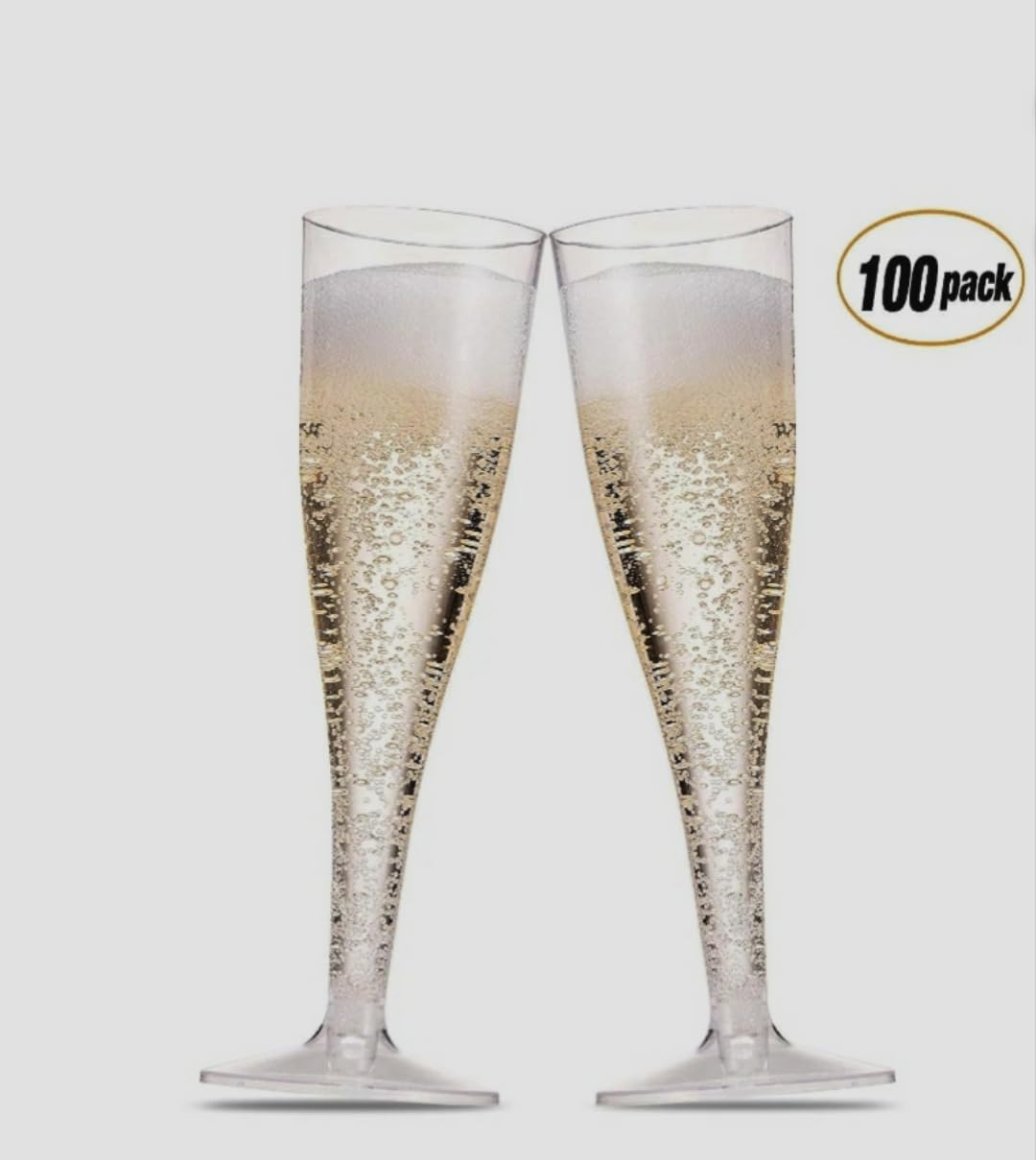 TemBe 100 copas de champán de plástico desechables, vasos de tostado de 5 onzas para decoración, bodas, cumpleaños, fiestas de despedida de soltera, calidad premium y reutilizables (transparente)