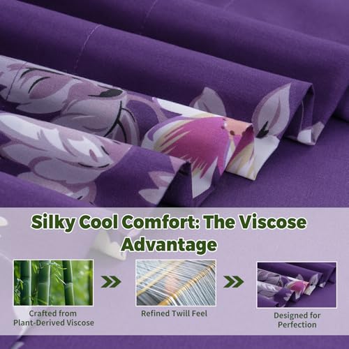 Image of Bedlifes Extra Deep Pocket 18-24 inch King 4-Piece Sheet Set - Cooling Sheets Blend Rayon Derived from Bamboo Soft & Breathable,Featuring Dark Purple Floral