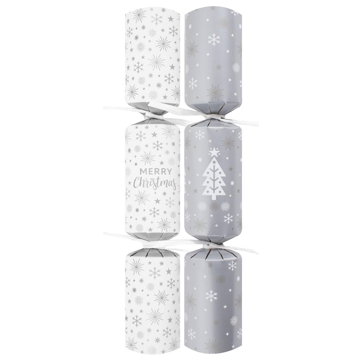 Pack of 50 Silver White Christmas Crackers - Eco-Conscious Gifts 10" Xmas Party Wedding Venue Event New Years Eve Catering Bulk Box - Contains Paper Hats Jokes Festive Celebration